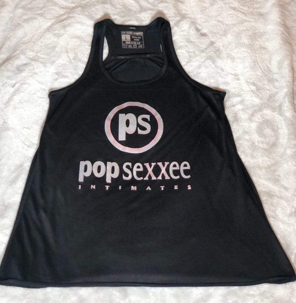 Pop Sexxee Intimates Sleepwear XS / Black / Poly/Viscose Flowy Racerback Tank With Metallic Silver and Metallic Rose Gold “Pop Sexxee Intimates” Logo (W)