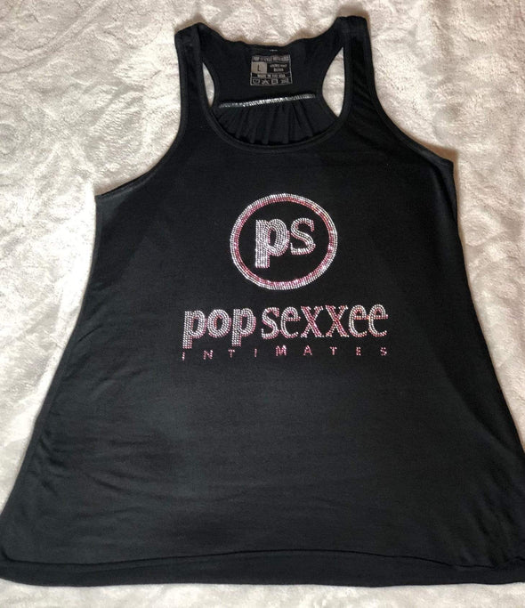 Pop Sexxee Intimates Sleepwear XS / Black / Poly/Viscose Rhinestone Flowy Racerback Tank With Metallic Silver and Metallic Rose Gold “Pop Sexxee Intimates” Logo (W)